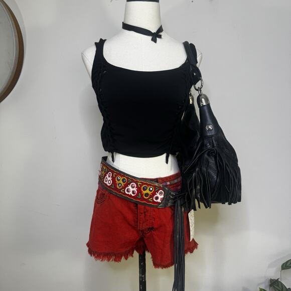 FREE PEOPLE Gypsy Red Distressed Ethnic Button Up Cutoff Shorts Boho Festival 25 - Picture 1 of 12